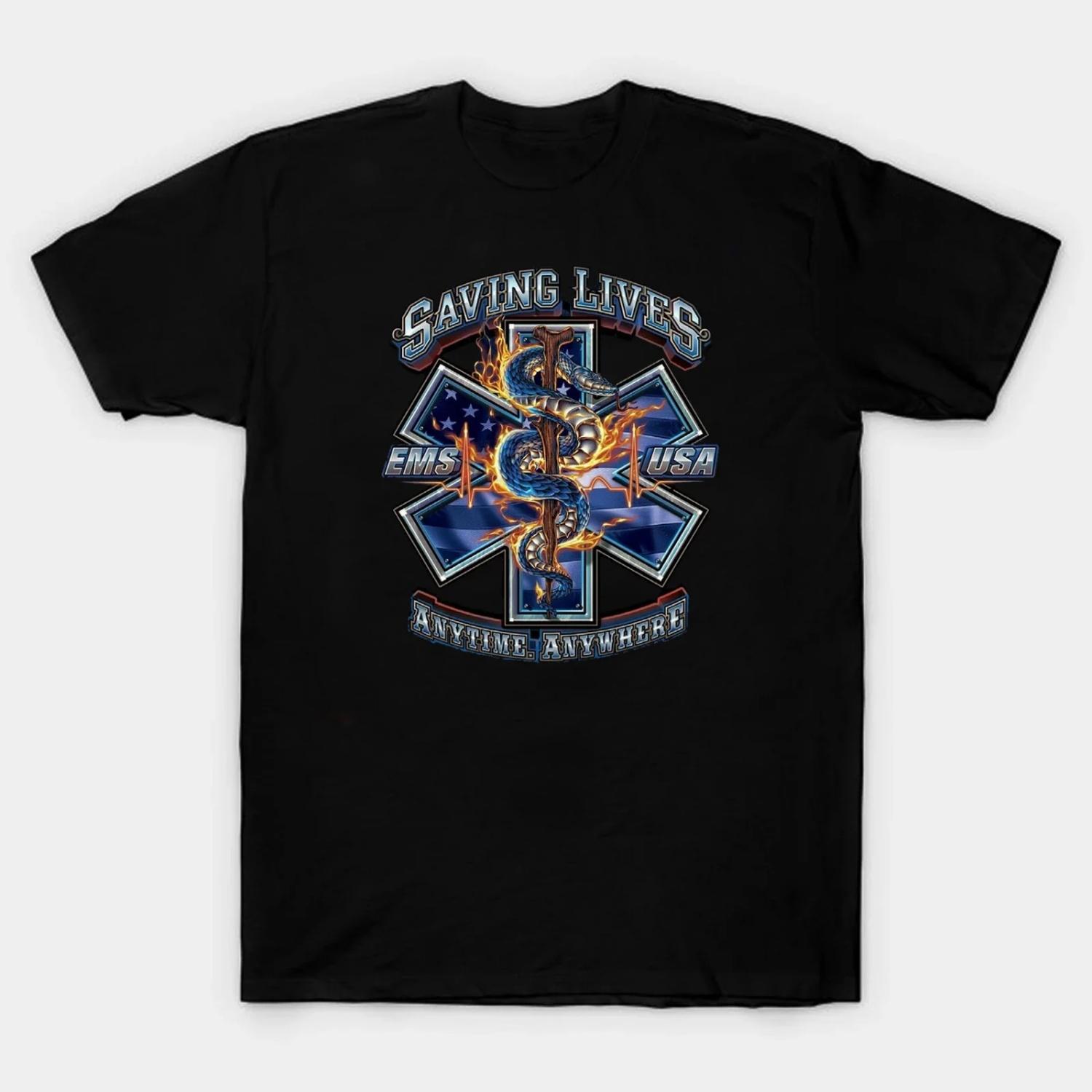 

EMS Saving Lives Anytime Anywhere. Rod of Asclepius and Star of Life T Shirt S чёрный