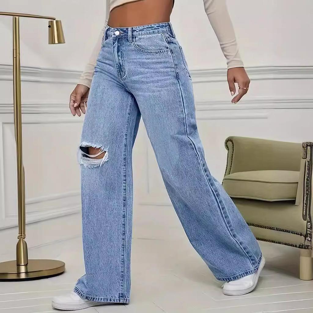 Washed Personality Hole Loose High Waist Wide Leg Floor Jeans