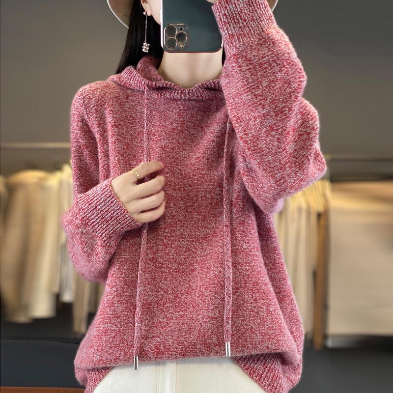 Women's 100% Wool Hooded Sweater: Autumn/Winter Loose Fit, Slimming Pullover Hoodie
