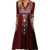 Plus Size Bohemian Dress Sexy V Neck Three Quarter Sleeves Loose Hem with Pockets Retro A Line Ethnic Print