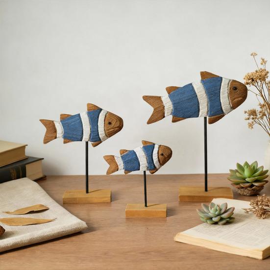 3 Pcs Wooden Fish Tabletop Centerpiece Ocean Sea Animal Sculpture Rustic Standing Wood Fish Sign Table Ornament for Coastal Beach Home Office Decor