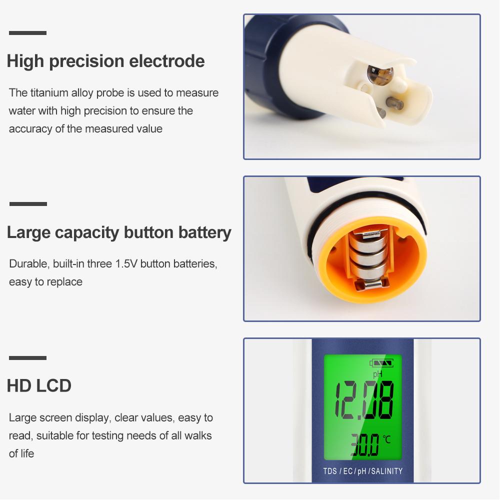 5 In 1 Digital PH TDS EC Meter Salinity Temperature Tester Conductivity Water Filter Purity Pen with Backlight