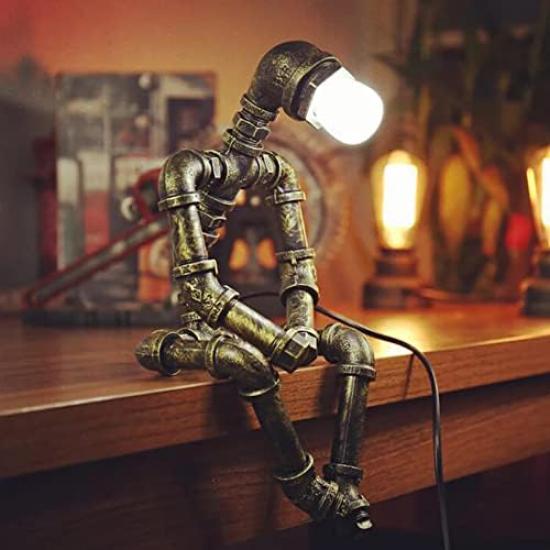 

ALLUCK Retro Industrial Rusty Iron Water Pipe Table Lamp (Robot Steampunk) for Table or Side Desk, E27 110V, Single Light, Bronze, Suitable for