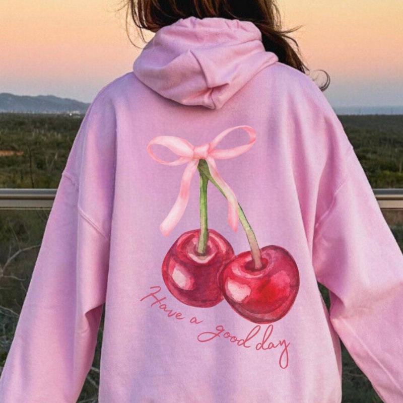 European Women's Cherry Coquette Ribbed Hoodie Sweatshirt