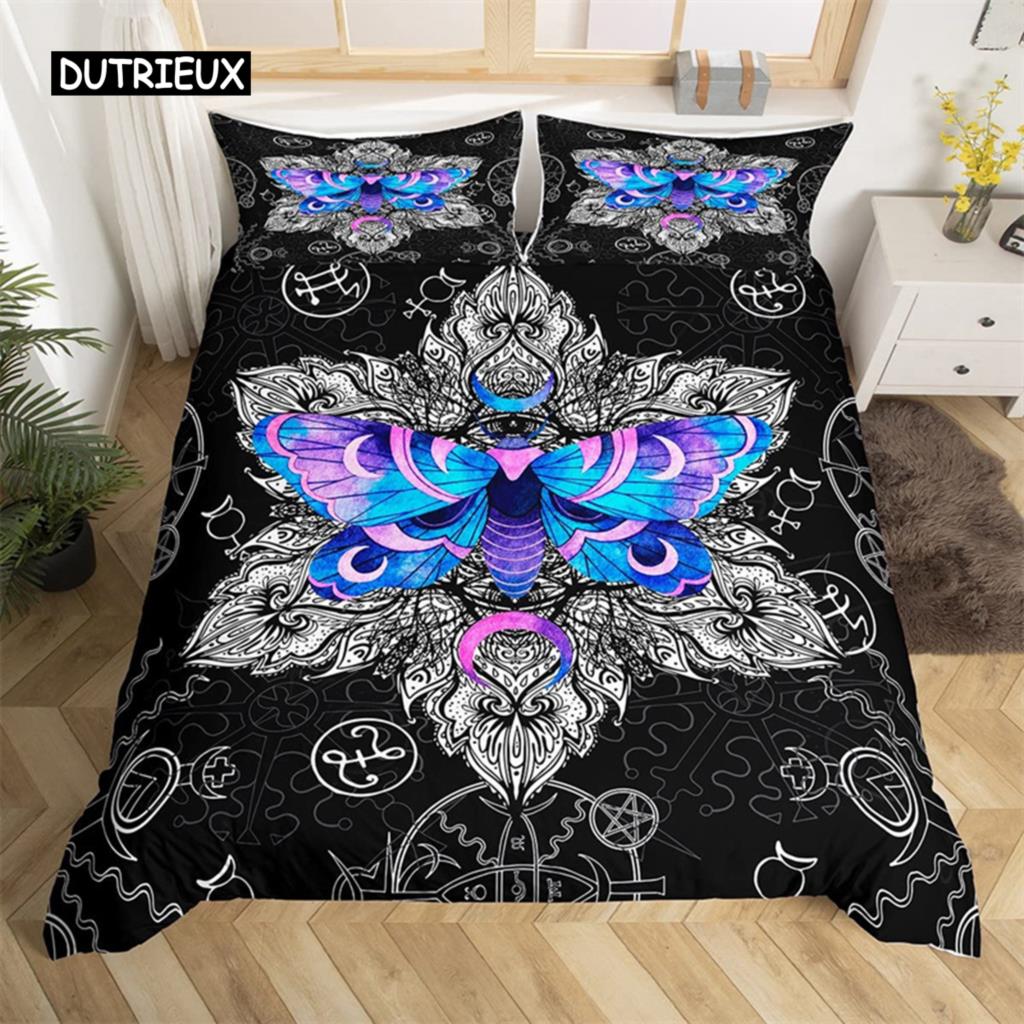 Schmetterling und Totenkopf-Falter Bettbezug Queen Gothic Schädel Blume Sternenhimmel Mond Bettwäsche-Set Polyester Boho Exotisch Schwarz Steppdecke