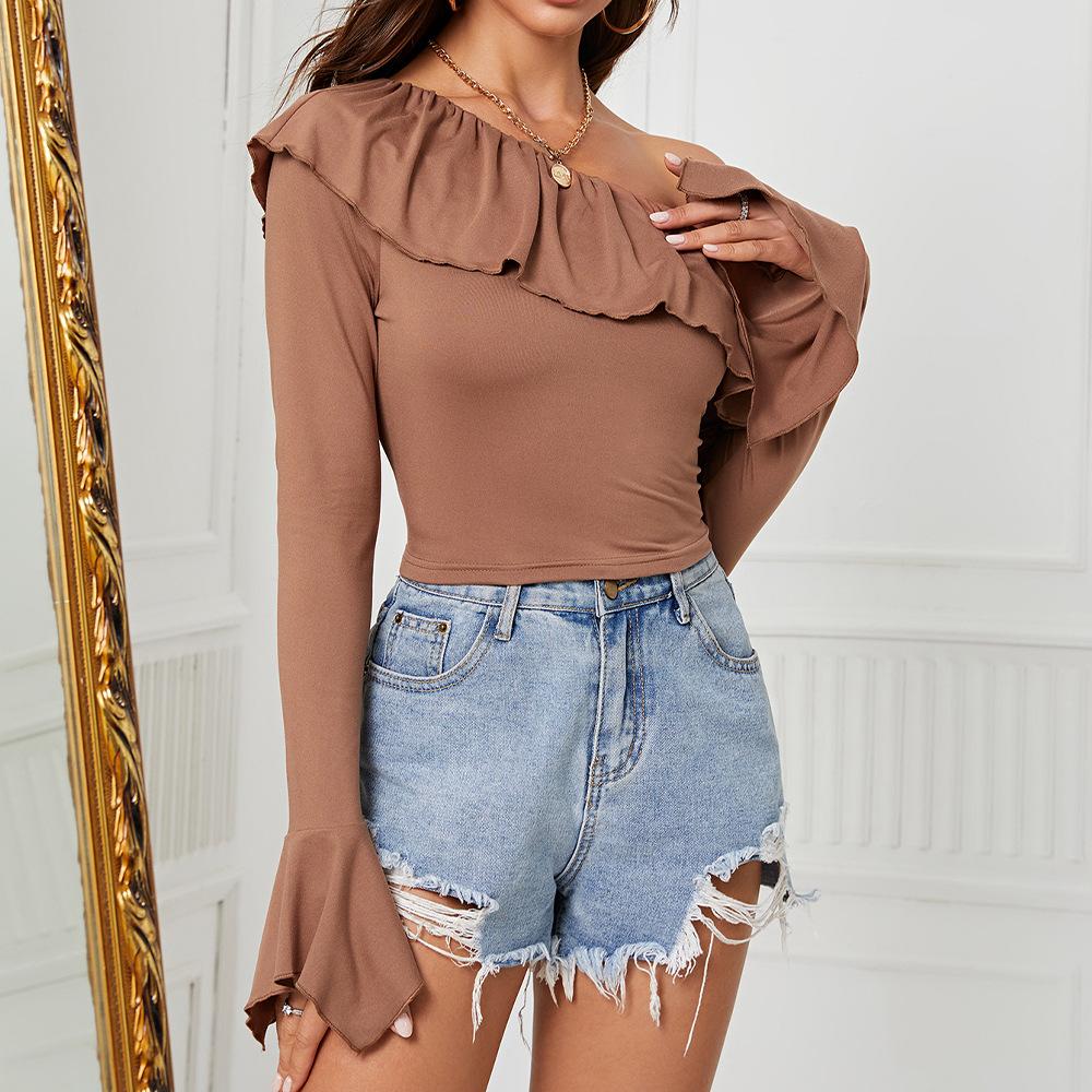 

Новая осенне-зимняя футболка с длинными рукавами и оборками, облегающего короткого стиля, утягивающая талию нижняя рубашка, темпераментный топ XL темно-коричневого