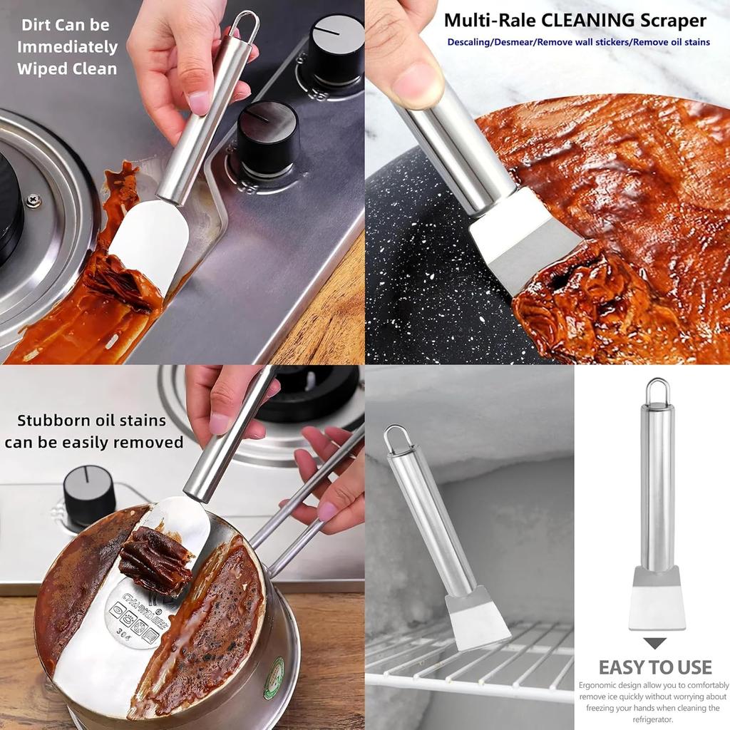 2 PCS Stainless Steel Scrapers – Multifunctional Scraper Cleaning Tool for Cookware, Stovetop, Adhesive, Oven Racks, Grout, Grill & Glass, Durable