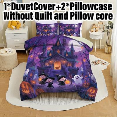 3pcs Halloween Pumpkin Monster Duvet Cover Set Without Core Quilt Cover with 2 PillowcasesSoft and Machine Washable