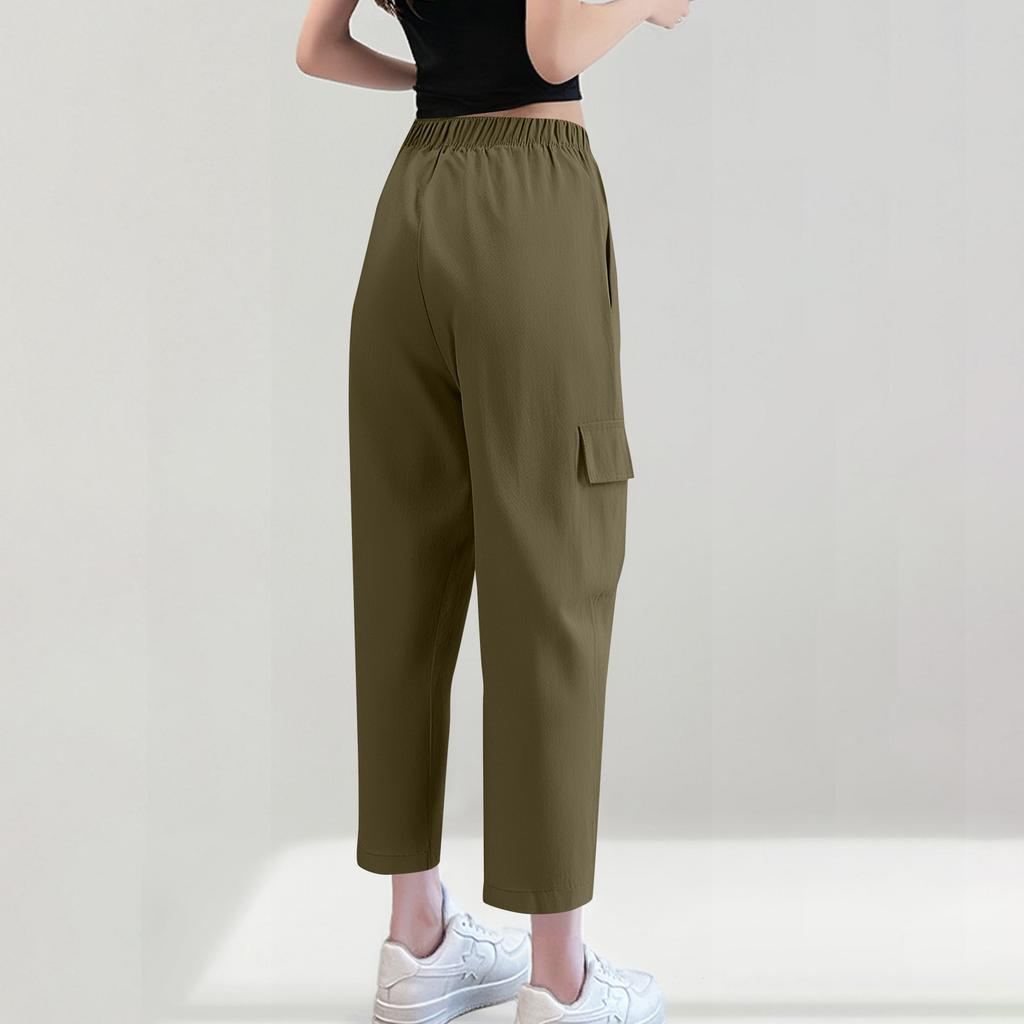 Women's Fashionable Drawstring With Flip Pocket Solid Color Captcha Pants Work Pants