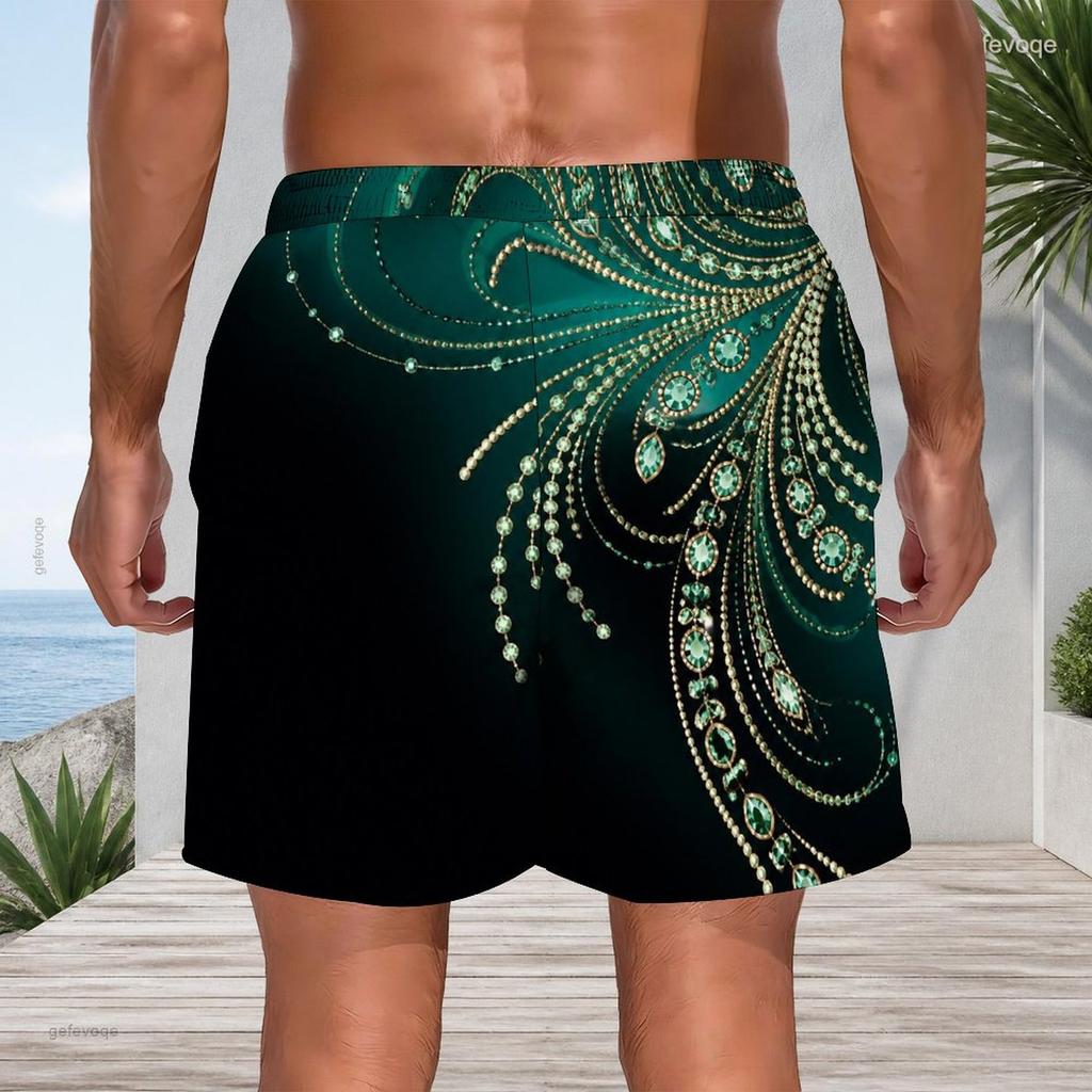 Men Plus Size Green Black Printed Beach Shorts Drawstring Waist Side Pockets Straight Leg