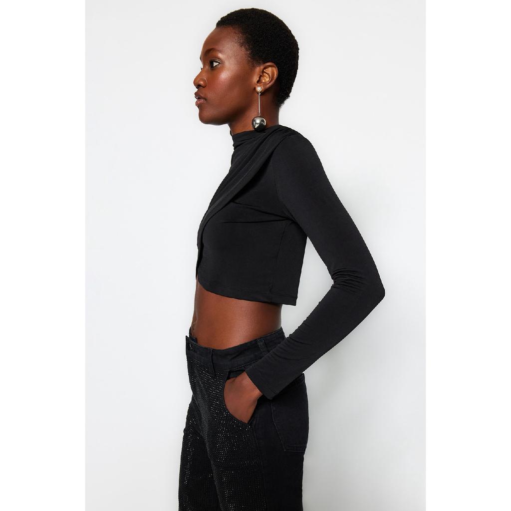 Bluză neagră drapeată cu guler înalt Twoaw24bz00164