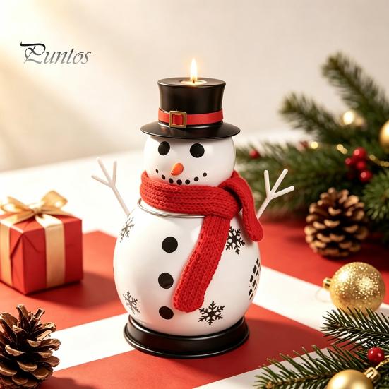 Table Fireplace Entrance Decor Christmas Snowman Candle Holder, Decorative Metal Candlestick Ornament with Top Seasonal Holiday Display Hat And Scarf