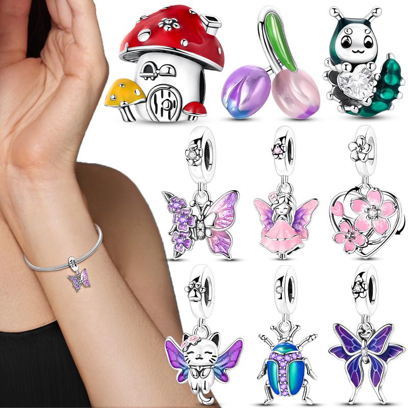 Spring Charm 925 Silver Beads Flower Butterfly Beetle Pendant Fit Bracelet Necklace DIY Lady Jewelry Gift