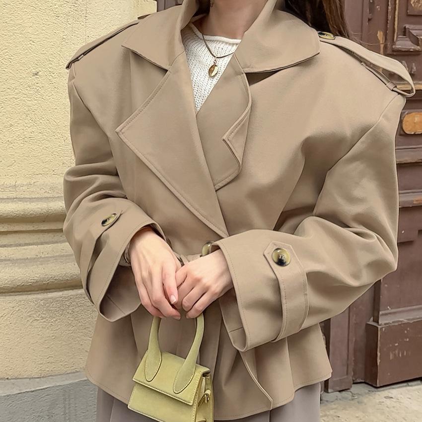 Women's Khaki Double Breasted Belted Trench Coat Short Jacket