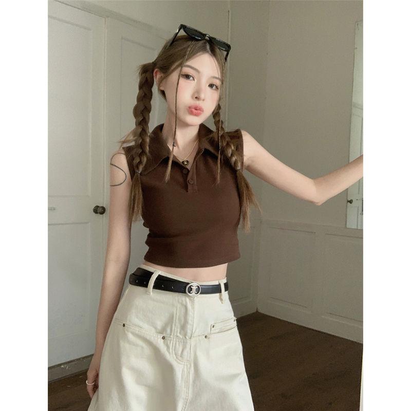 

Однотонный жилет поло для женщин повседневные майки с пуговицами на шее Y2K футболки без рукавов черные белые топы S