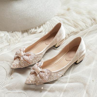 Spring and Autumn New Pearl Bow Pointed Head Low Heel Thick Heel Single Shoes Women's Shallow Mouth Flat Shoes Gentle Wind Versatile Women's Shoes