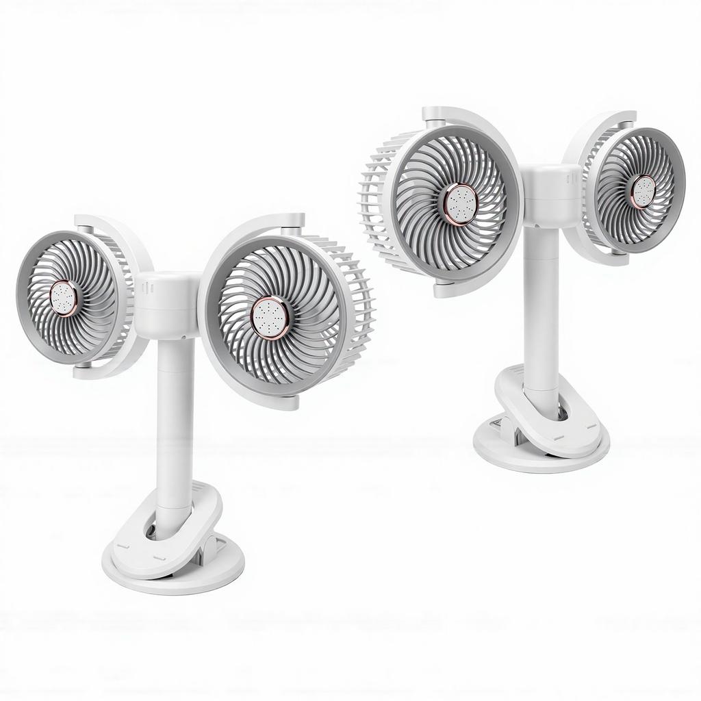 Dual Head Desk Fan USB Charging 360 Degrees  Rotation Adjustable Height Night Light Portable Dual Head Clamp On Fan