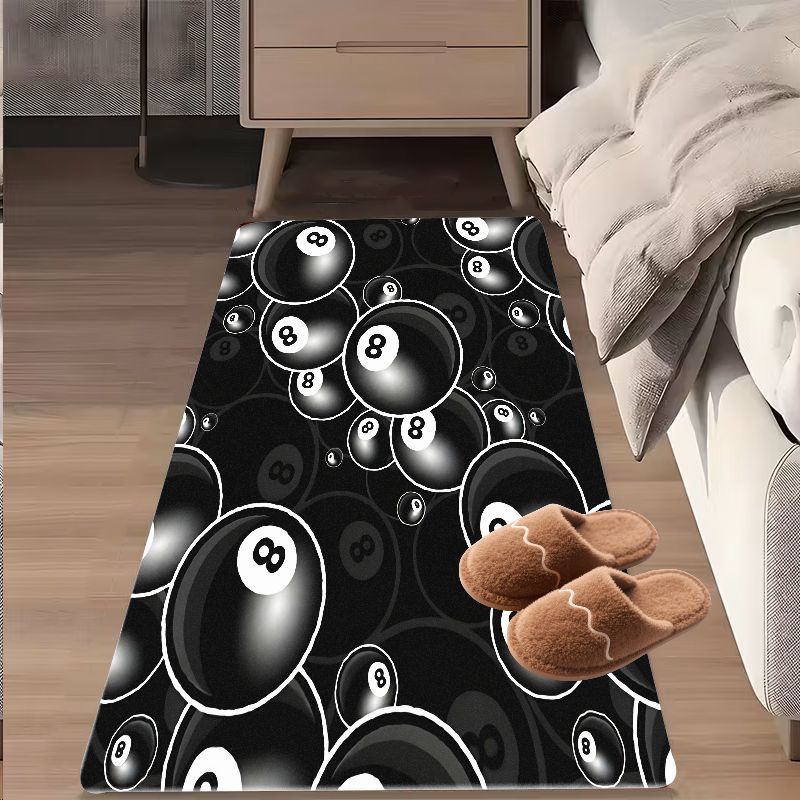 Flannel Printed 8 Ball Rug Black White Design Soft Fleece Floor Mat Living Room Carpet Game Decor Billiards Theme Rugs