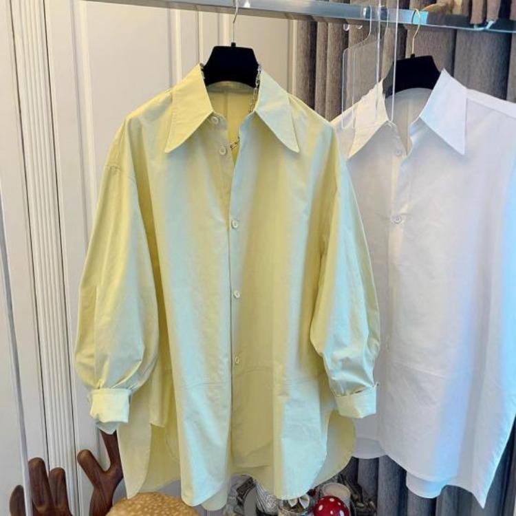 Long Sleeve Womens Shirt Loose Fit Blouse Cotton Solid Color Pointed Lapel Collar Spring Autumn Top for Work Travel Parties
