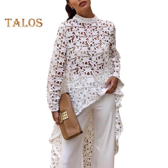 Dámská dlouhá top s výřezem, nepravidelná háčkovaná krajka, květinový patchwork, průsvitná krátká přední a zadní halenka s polovičními výstřihem a dlouhým rukávem