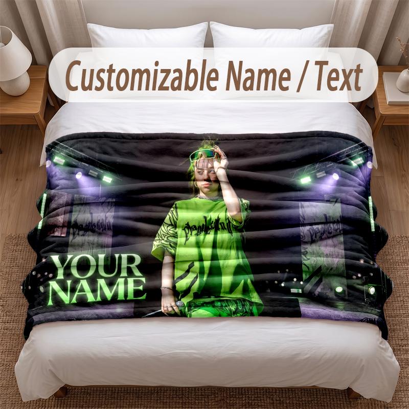 Billie Eilish Printed Flannel Blanket Custom Name Text Soft Warm Throw For Bedroom Holiday Gift