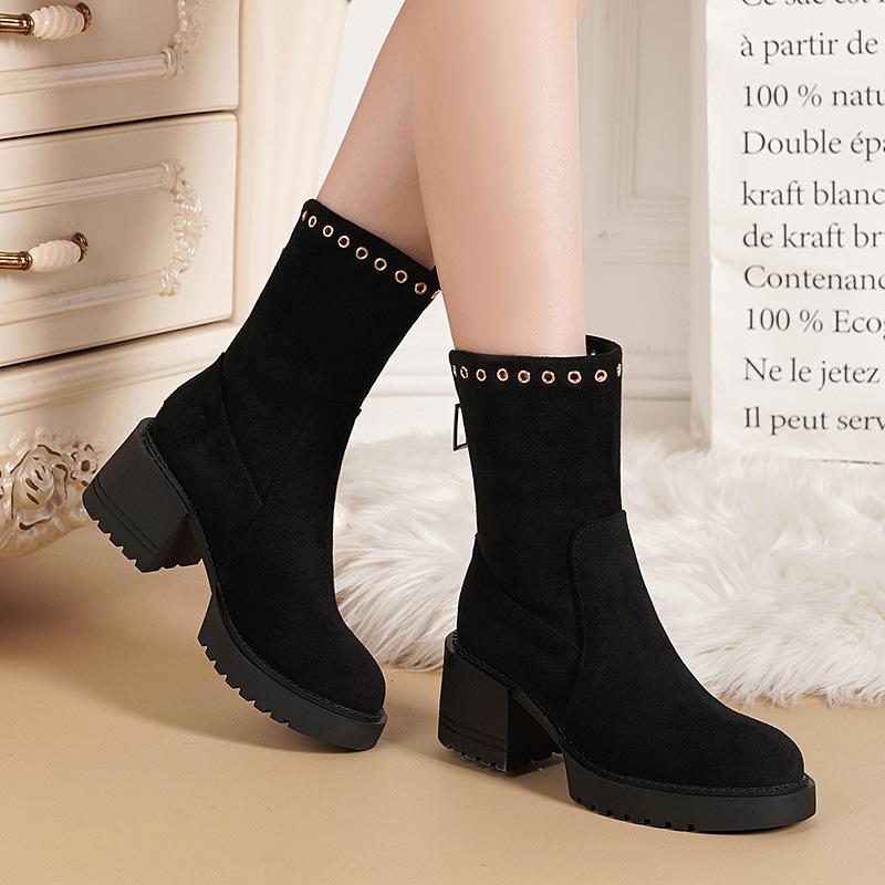 Coarse Heel Fashion Boots 2025 Autumn and Winter Cotton Shoes Piled Thickened Fashion Boots Platform Women's Shoes Winter Super Fire High Heel Short B