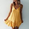 Sexy Women Dress Solid Color Sleeveless Deep V Neck Ruffle Hem Loose Mini Dress for Party