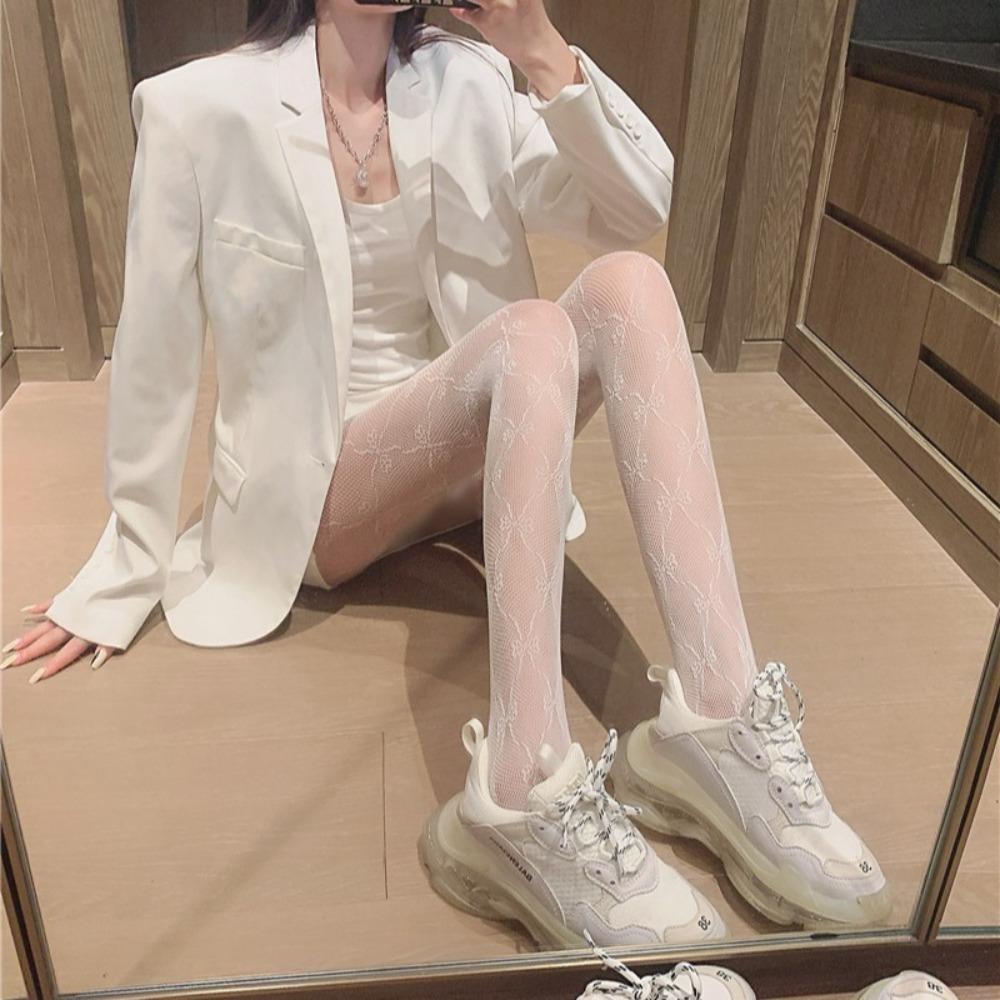 Spring and Summer Thin White Stockings Pantyhose Female Sexy Jacquard Black Stockings Bow Hollow Fishnet Socks