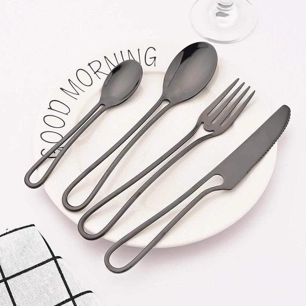 24Pcs Black Dinnerware Set Knife Fork Spoon Cutlery Set Stainless Steel Cake Fork Coffee Spoon Tableware Party Kitchen Flatware