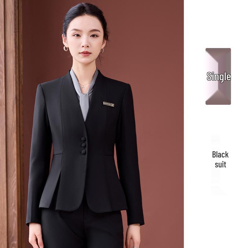 Elegant Collarless Women's Suit Set for Hotel Manager & Receptionist Spring/Autumn Workwear