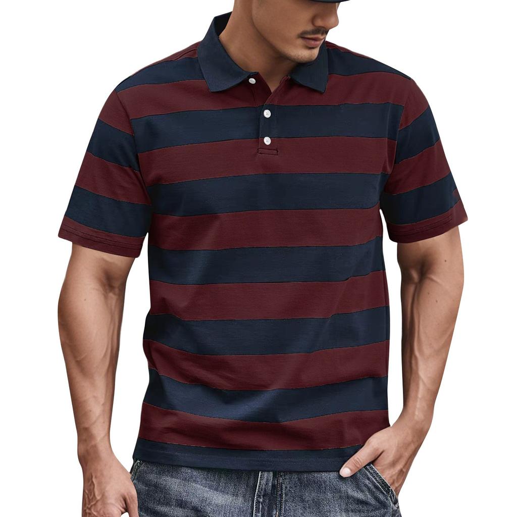Men's Summer Stripe Print Button Lapel Loose Short Sleeve Top