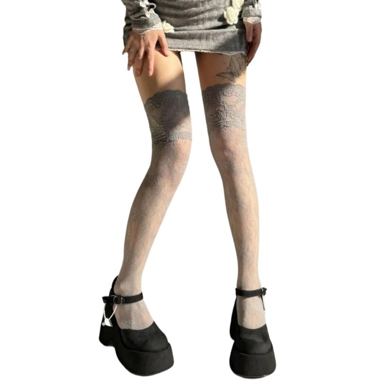 Stylish Long Boot Socks with Full Flower Lace Design for Women Sheer Colorful Fishnet Thigh High Over the Knee Stockings