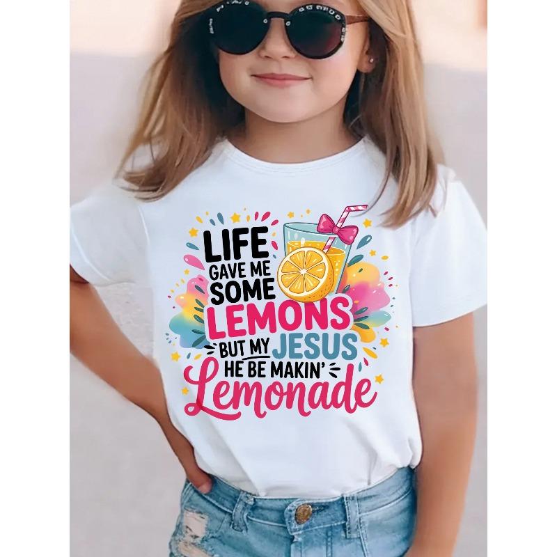 Girls Soft Skin-Friendly Crewneck T-Shirt, Colorful Lemon Print 110