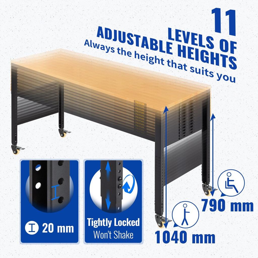 Workbench Adjustable Height, 122cm W X 61cm D X 104cm H Garage Table w/ 79 – 104 cm Heights & 720KG Capacity, with Power Outlets & Hardwood Top &