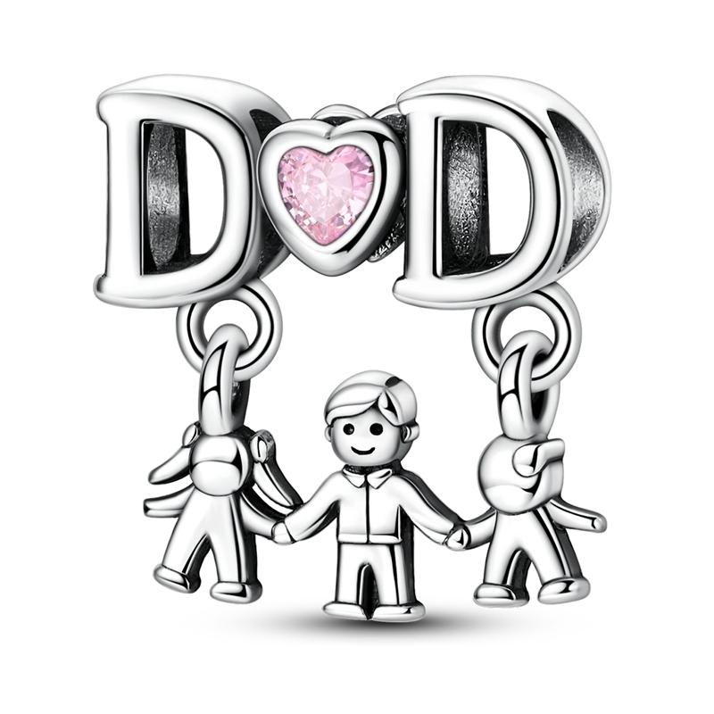 925 Silver Charms Bead CZ Zircon Love Mom Pink Heart Dangle Fit DIY Bracelet Women Mother's Day Jewelry Gift