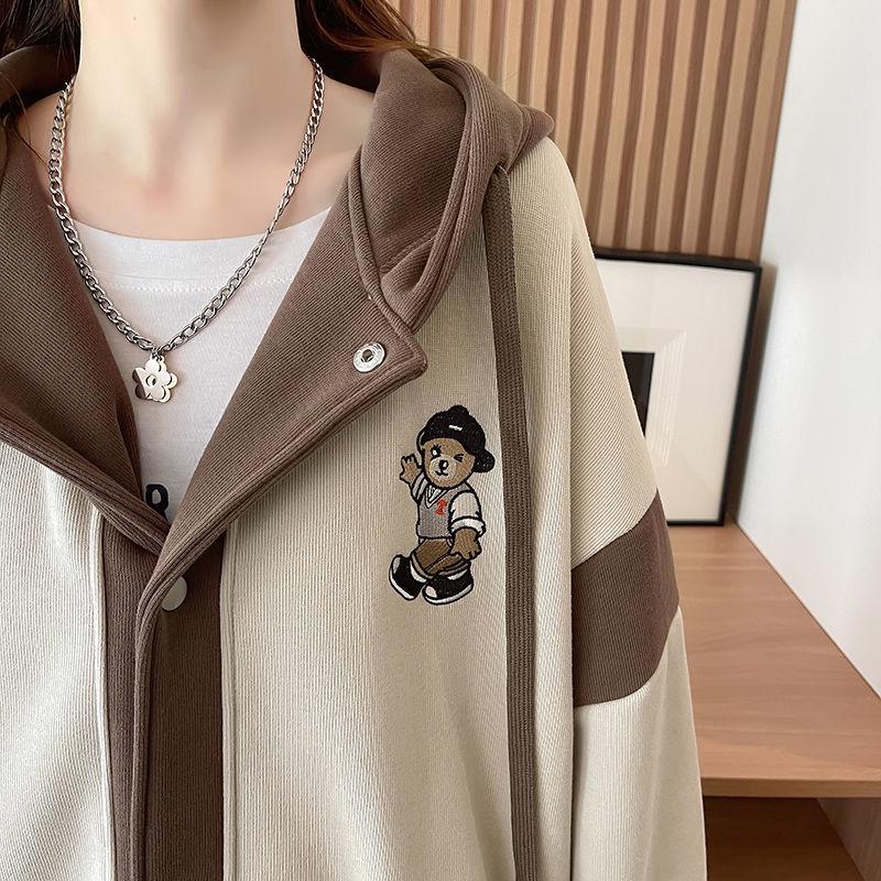 Women's Fleece-Lined Hooded Sweatshirt: Autumn/Winter Loose Fit Korean-Style Baseball Jacket