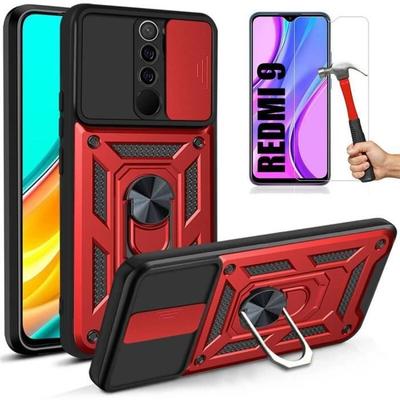 Case and Tempered Glass - Redmi - 9 - Red - Anti-Scratch - Full Protection