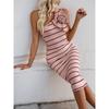 VEZFAA Women's Fashion Summer Spring Stripe Print Sleeveless Oblique Collar High Waist Casual Dresses