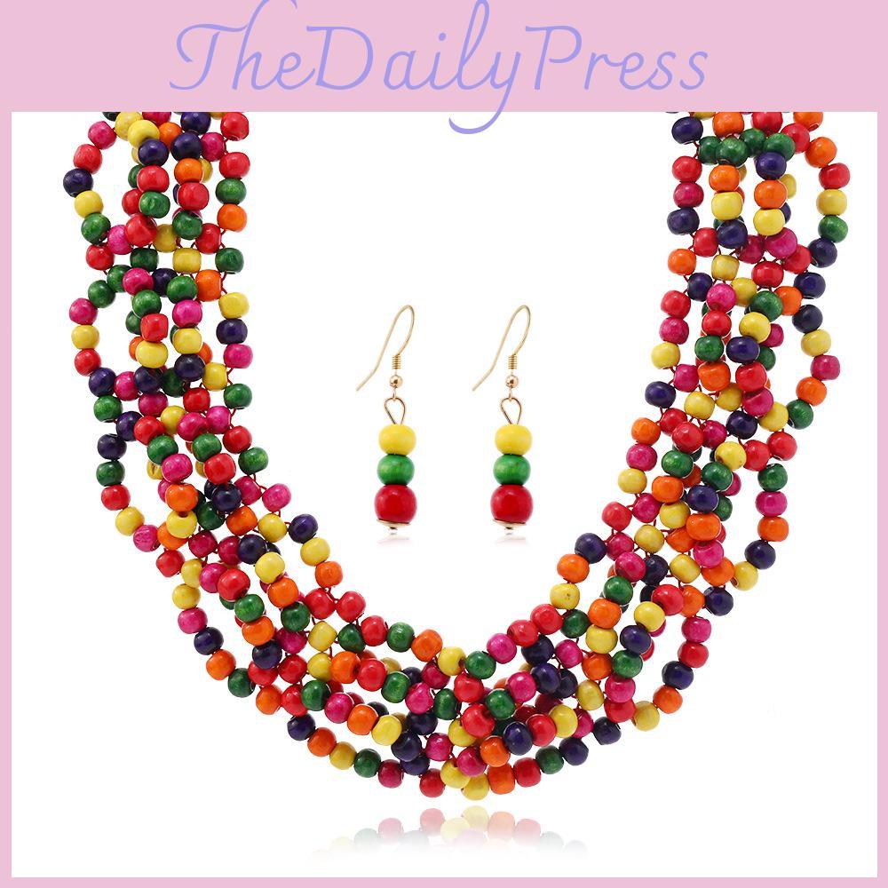 Bohemian Bead Wooden Tassel Necklace And Earring Set For Accessory Fashion