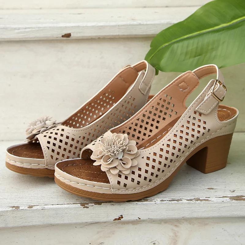 Fashion Summer Sandles for Women Fashion Flowers High Heels Sandals Women Back Strap Hollow Out   Plus Size Thick Heeled Sandalias Mujer