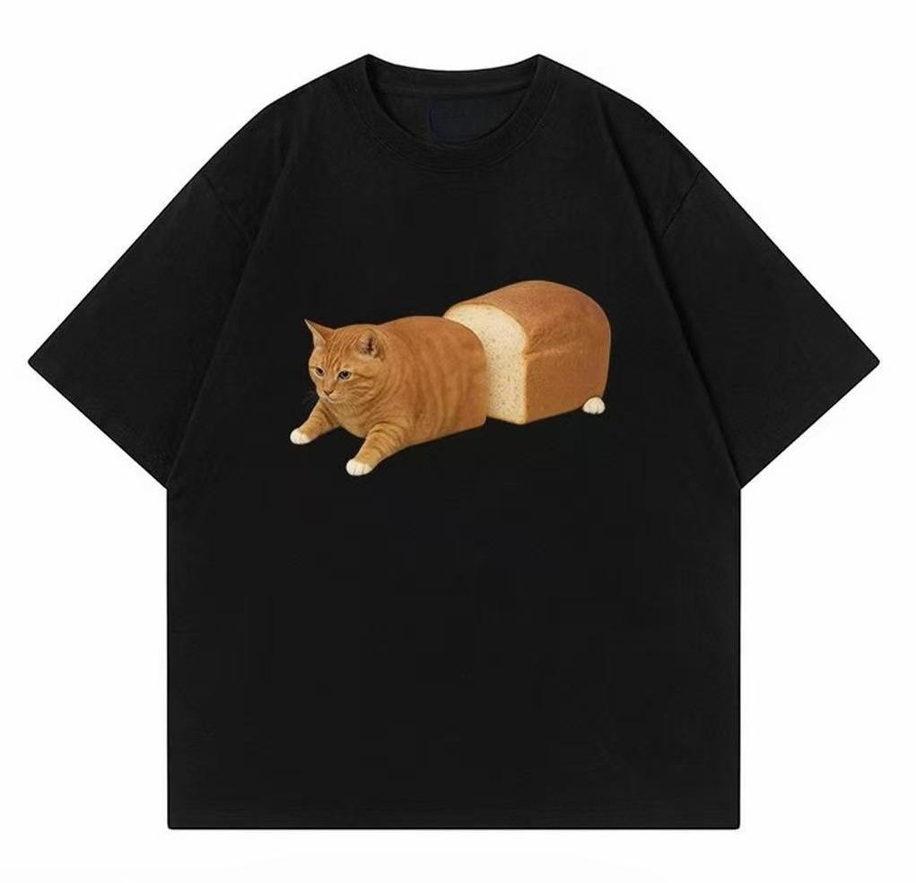 Summer Loose Funny Bread Cat Print Tshirt Unisex Oversized Cotton Short Sleeve Tee Harajuku Streetwear Casual Summer Tops