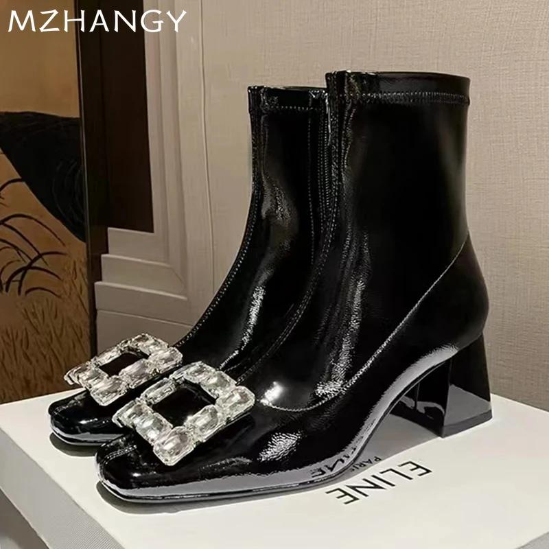 Fashion Women Crystal Chunky Ankle Boots High Heels Suede Square Toe Shoes Elegant 2024 Trend Snow Boots Pumps New Mujer Chelsea Boots