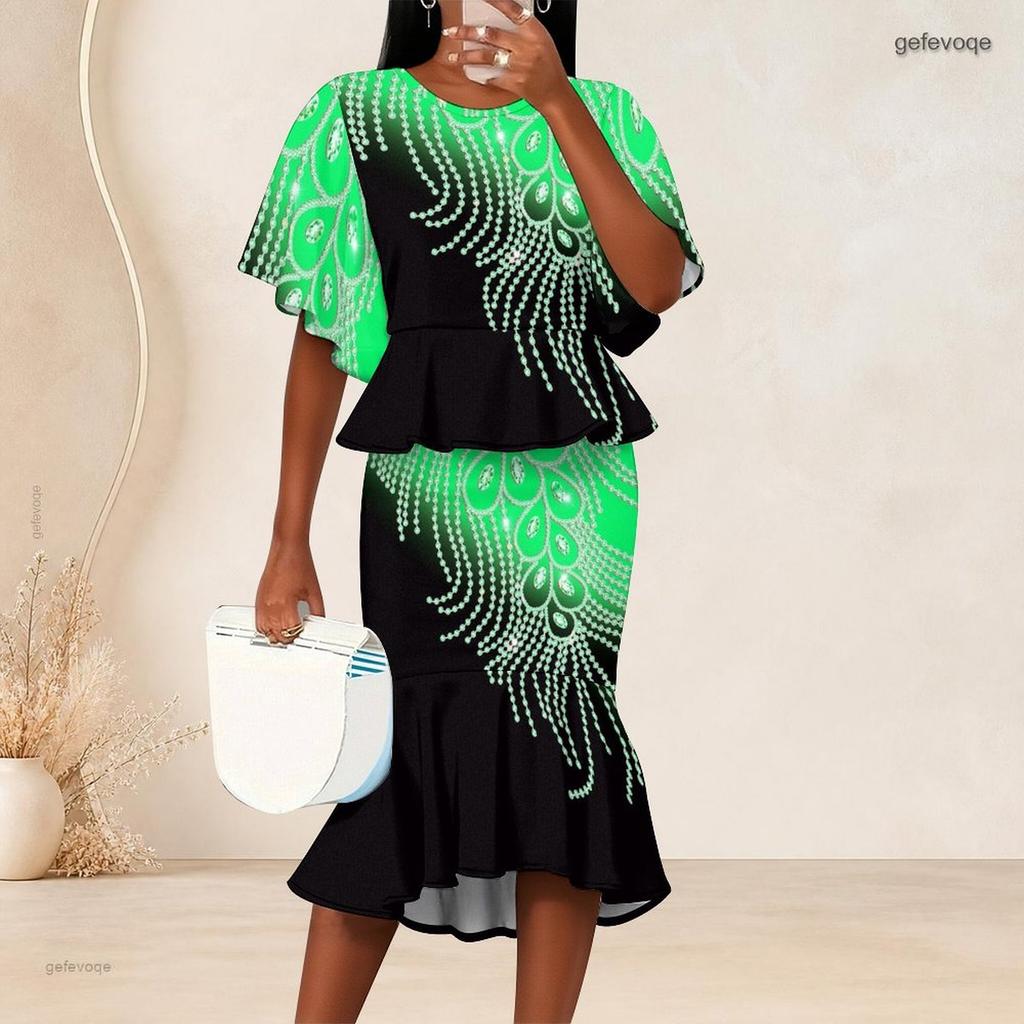 Women Plus Size Two Piece Skirt Set Round Neck Batwing Sleeve Printed Green Black Ruffle Hem Top Fishtail Skirt