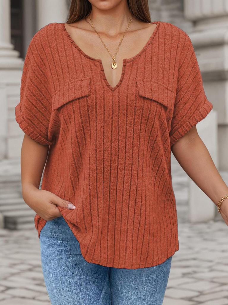 2026 Spring/Summer Plus Size Women's V-Neck Short Sleeve Solid Color Pullover T-Shirt