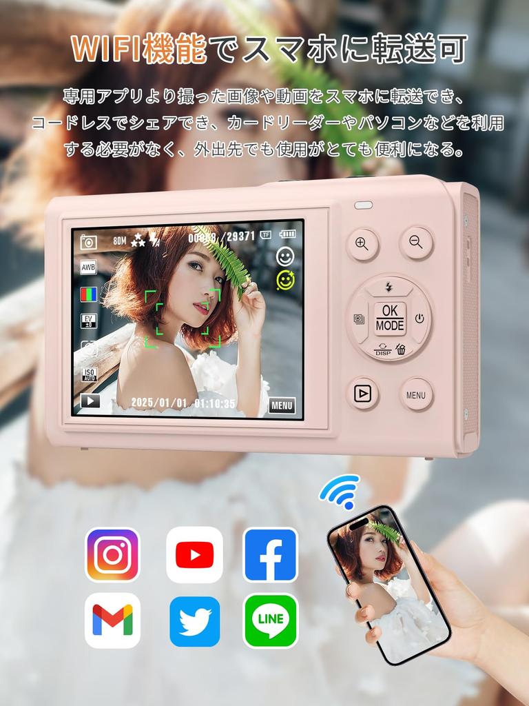 AiMike 5K Digital Camera with Smartphone Transfer Dual 64GB MicroSD Card 18x Digital 19 Convenient for Suitable for Kids and Christmas Light Pink