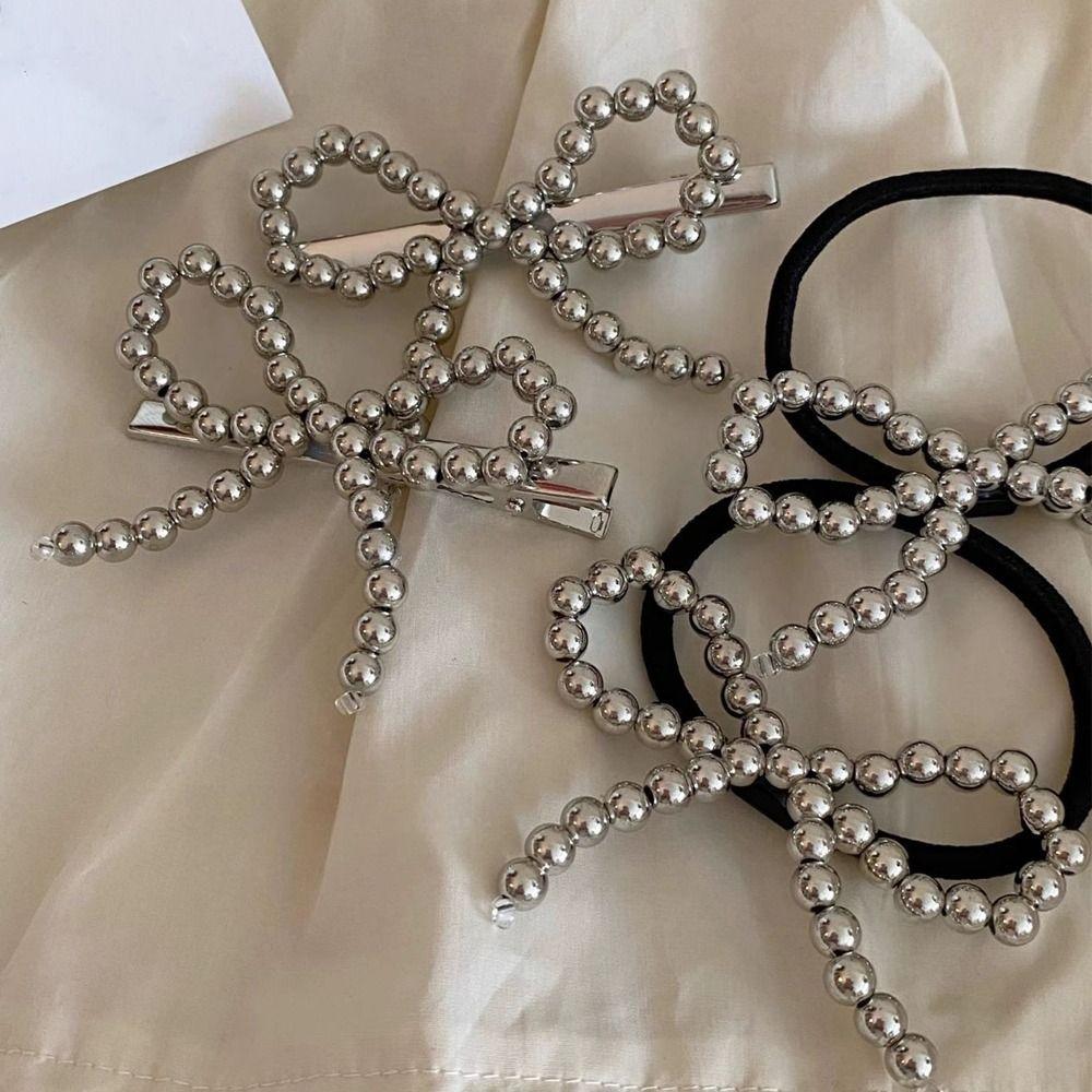 

Silver Gray Pearl Hair Clip Beads Bow Barrettes Styling Tools Hairpins Girls