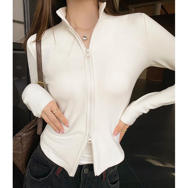 Small Stand-up Collar Zipper Sweatshirt Jacket Autumn and Winter Long-sleeved Right Shoulder Tight-fitting Inner German Velvet Warm Cardigan Top