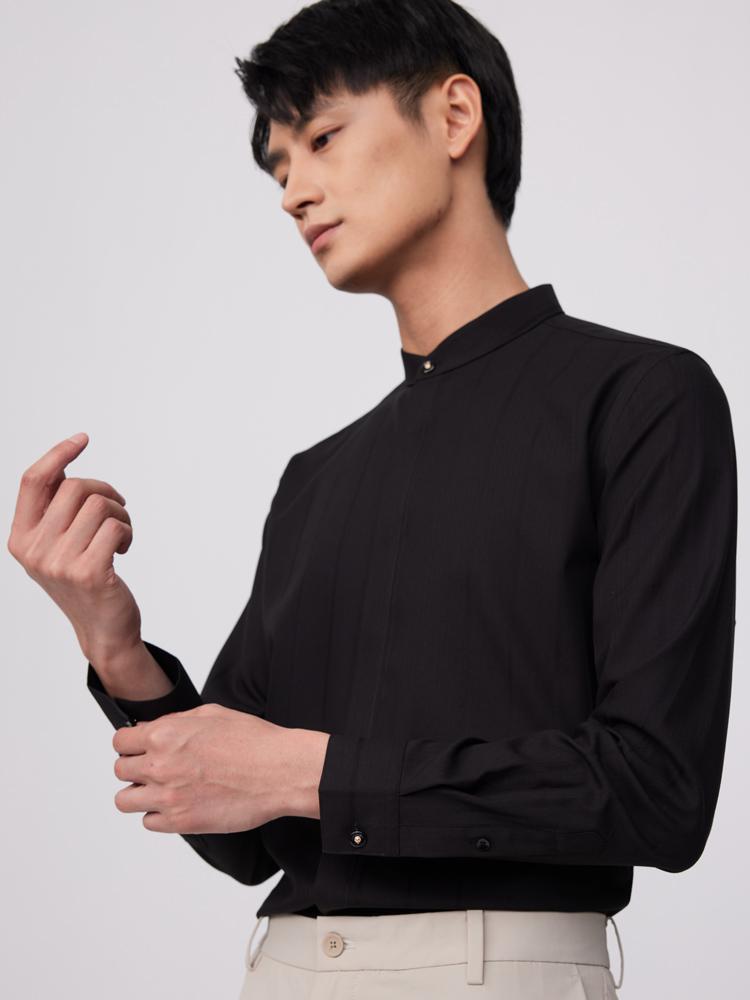 Men's Front Hidden Button Solid Simple Dress Shirt Without Pocket, Casual Breathable Stand Collar Button Up Long Sleeve Shirts For Business Activities