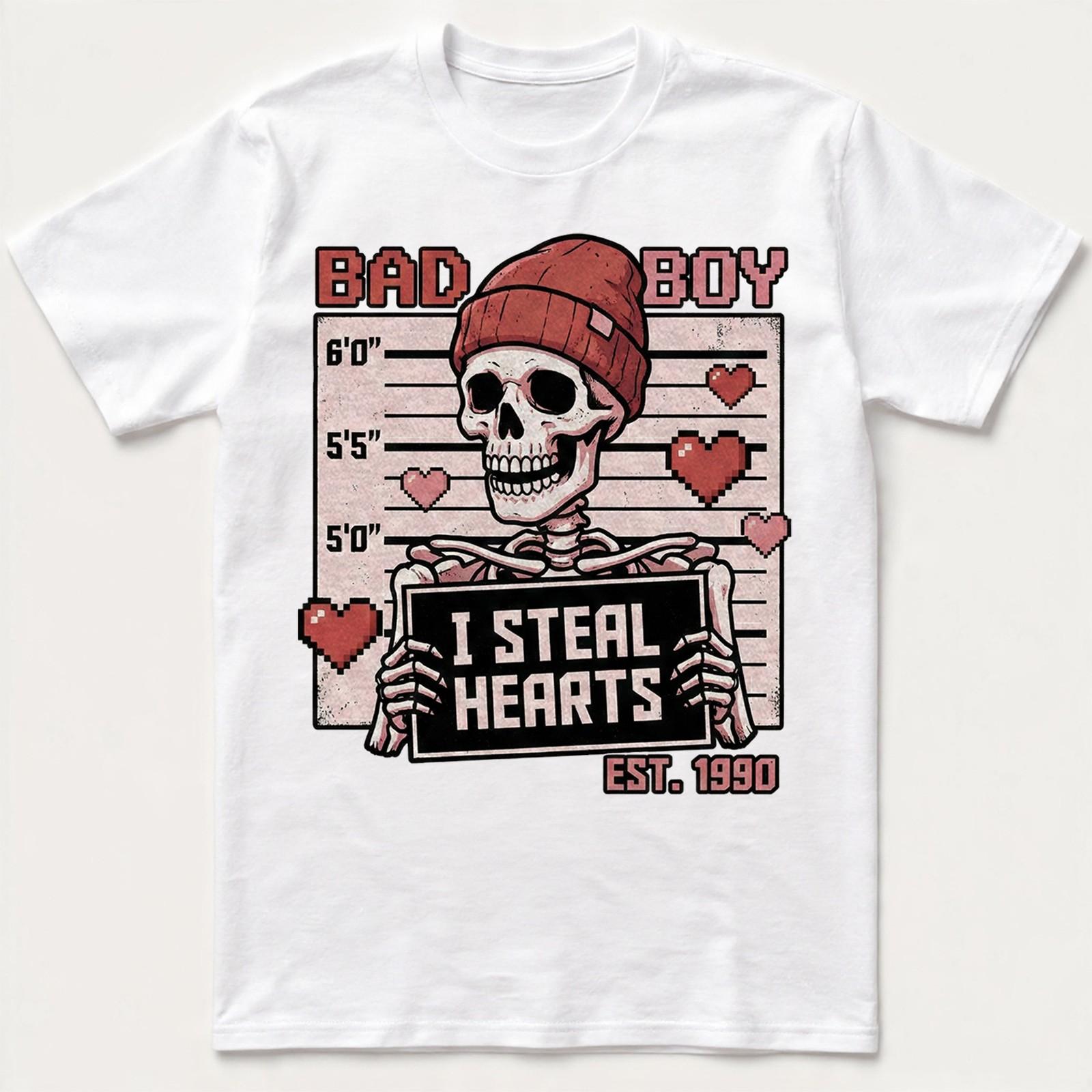 Bad boy Steal Hearts Funny Skeleton T-shirt, Valentines Day Graphic Tee S разноцветный