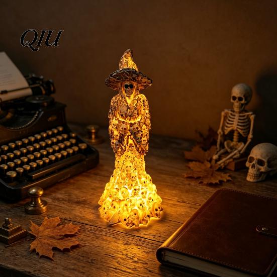 Spooky Bedroom Nightlight Skeleton Witch Resin Figurine, LED Light Up Gothic Statue, Unique Gifts for Halloween Lovers Dark Fantasy
